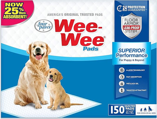 Four Paws Wee-Wee Superior Performance Unscented Pee Pads for Dogs & Puppies, Quilted Leak-Proof Dog Housebreaking Potty Training Floor Protection, 22" x 23", 50 Count