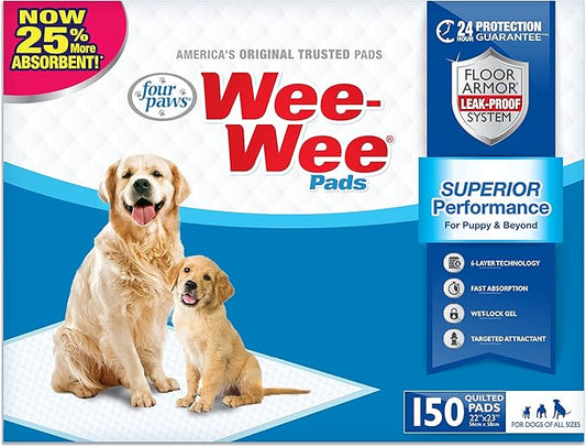 Four Paws Wee-Wee Superior Performance Unscented Pee Pads for Dogs & Puppies, Quilted Leak-Proof Dog Housebreaking Potty Training Floor Protection, 22" x 23", 7 Count