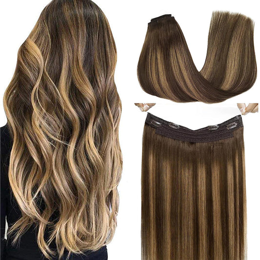 Goo Goo Wire Hair Extensions Human Hair, 4/27/4 Chocolate Brown With Caramel Blonde Balayage 16Inch 95G, Invisible Wire Hair Ext