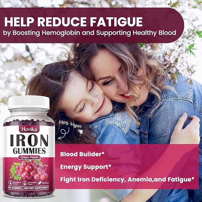 (2 Pack) Iron Gummies Supplement for Women & Men, Iron Supplements for Anemia with Vitamin C, B12, Folate-Blood Builder & Energy Support for Iron Deficiency - Grape Flavor, Vegan, 120 Gummies
