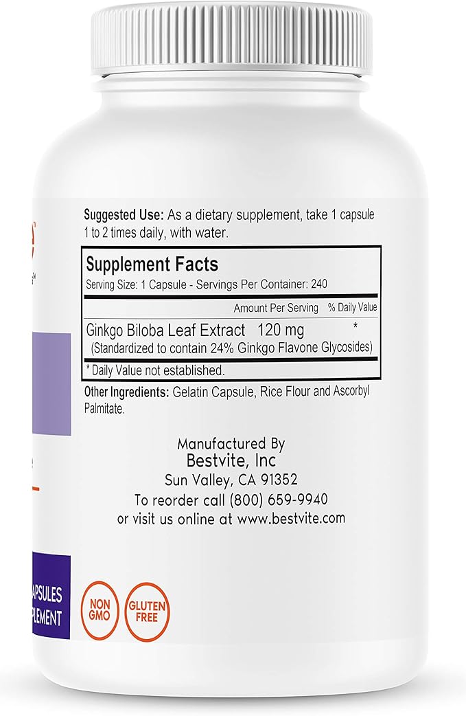 BESTVITE Ginkgo Biloba 120mg (240 Capsules) - No Stearates - Non GMO - Gluten Free - standardized to 24% Ginkgo Flavone Glycosides