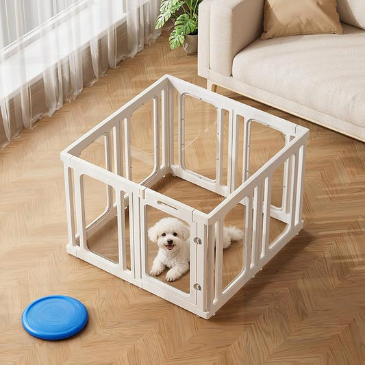 Jalove Dog Playpen Indoor, 24" H Plastic Puppy Playpen with Window, Easy Assembly and Cleaning, Clear Acrylic Pet Playpen for Puppy Cat Ferret, Small Dogs Fence Crate Kennel (White, 8 Panels)