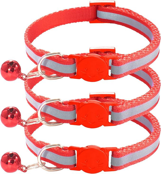 3 Pack Reflective and Breakaway Cat Collars with Bells，Adjustable Kitten Collars from 7.5 to 12.5 Inches, Ideal of Kitten Collar, Suitable for Girls and Boys (Red)