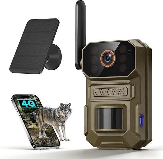 4G LTE Cellular Trail Camera with Solar Panel, 1080p Full HD Pet Cameras, Motion Detection, Live View, Night Vision, Two-Way Talk, IP65, Built-in SIM Card, Unlimited Plan (Sold Separately)