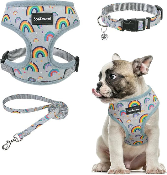SCENEREAL Small Dog Harness Collar and Leash Set, Adjustable No Pull Pet Harnesses, No Chock Soft Mesh Vest for Doggie Puppy Medium Dogs Cats Girl or Boy,Chihuahua, Yorkie, Outdoor Walking