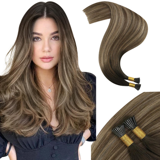 Moresoo Itip Hair Extension Human Hair Balayage Dark Brown To Light Brown With Blonde Hair Extensions Human Hair I Tip Silky Sof