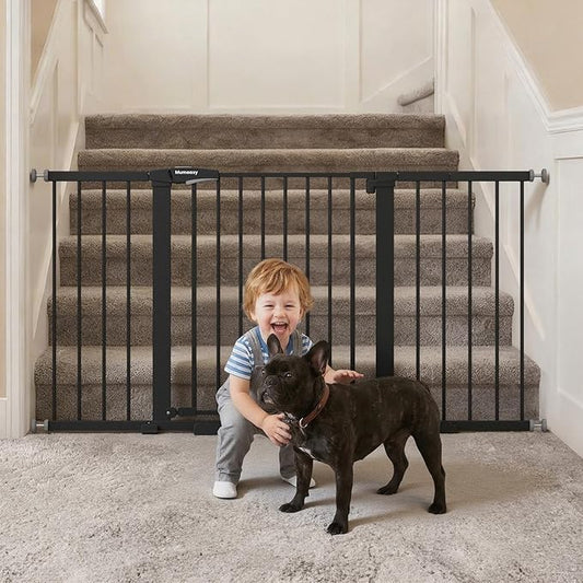 Mumeasy 29.7-57" Extra Wide Baby Gate for Doorways, Auto Close Dog Gate Indoor for Stairs, No-Drill Pressure Mounted Pet Gate with Door, Easy Walk Thru Long&Large Safety Gate for House, Outdoor, Black