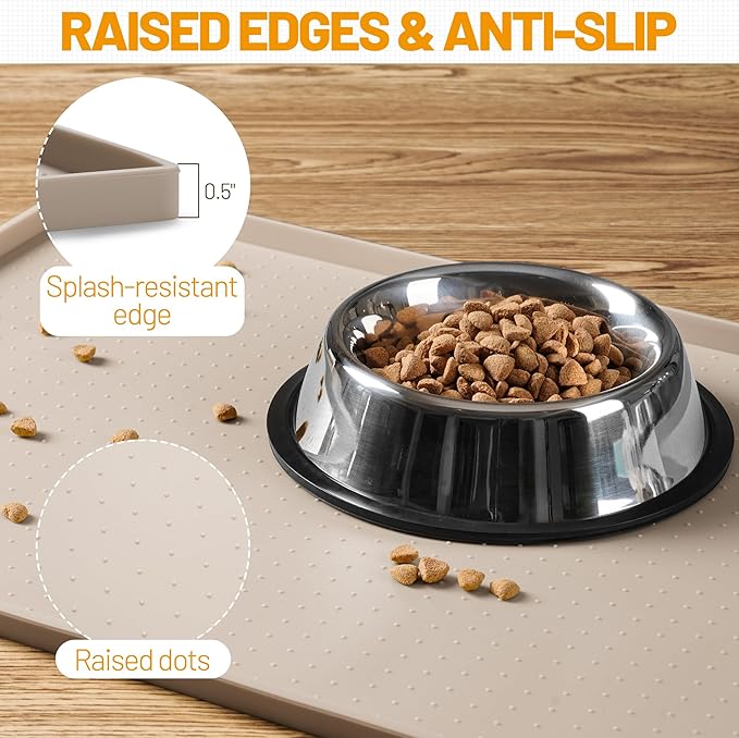 Hubulk Dog Feeding Mat,100% Waterproof Food Grade Silicone Pet Food and Water Bowl Placemat,Dishwasher, High Raised Edge to Prevent Spills,Nonslip Tray to Stop Messes on Floor（19"x12"x0.5", Taupe）
