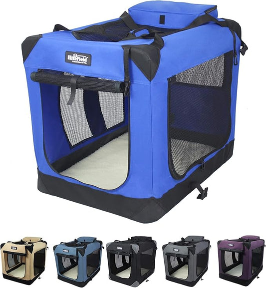 EliteField 3-Door Folding Soft Dog Crate with Carrying Bag and Fleece Bed (2 Year Warranty), Indoor & Outdoor Pet Home (30" L x 21" W x 24" H, Royal Blue)