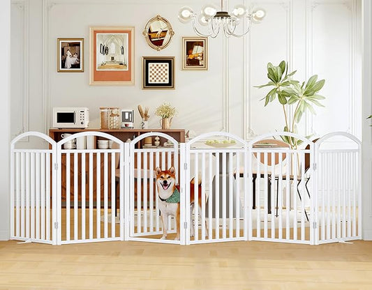 Folding No-Assembly Freestanding Dog Gate with Door,32" Heights Foldable Pet Fence,144" Extra Wide Accordion Puppy Folding Playpen for Doorways,House,Stairs (6 Panels,White)