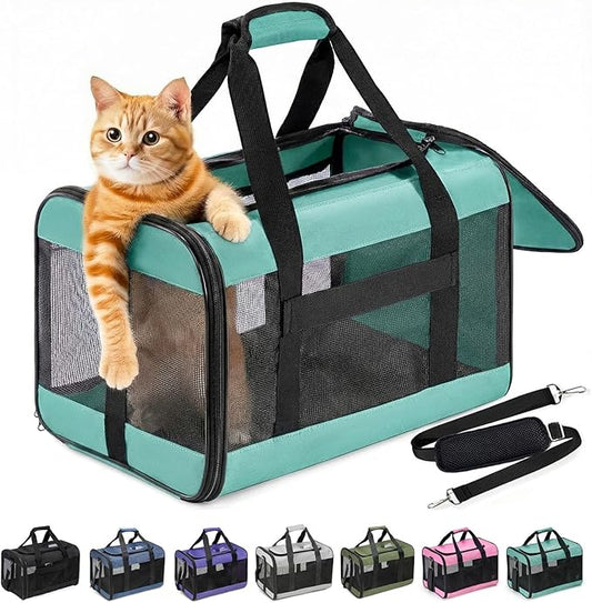 Cat Carrier Airline Approved, Soft-Sided Dog Carrier with Inner Safety Leash, Pet Transport Carrier for Small-Medium Cats Puppies up to 15 Lbs,Travel Kitten Carrier Bag -Turquoise,M