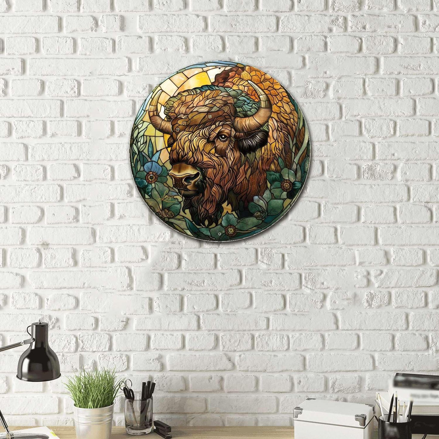 Lygond Aluminum Circular Metal Sign American Bison 12x12 Inches Rustic Modern Style for Office, Garage, Lawn, Parking, Bedroom, Entrance