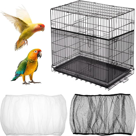2pcs Large Bird Cage Seed Catcher Guards, Breathable Airy Nylon Mesh Material, Prevents Seed Mess, Acts as Stretchy Cage Guard, Fits Budgie, Cockatiel Various Bird Species (Black, White)