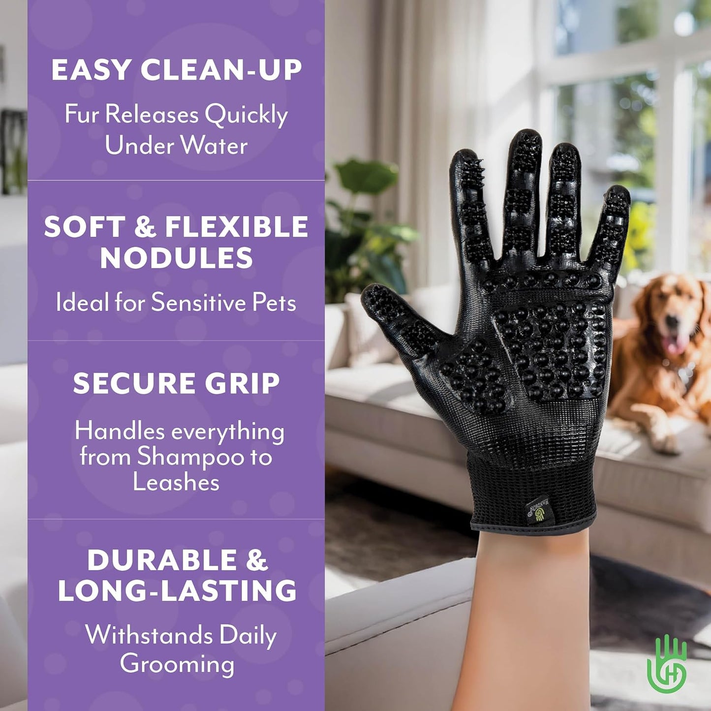 Handson Pet Grooming Gloves - Patented #1 Ranked, Award Winning Shedding, Bathing, Hair Remover Gloves - Gentle Brush for Cats, Dogs, and Horses (Purple, Large)