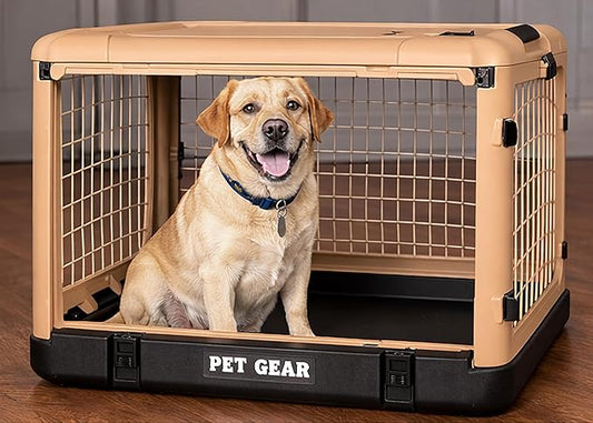 Pet Gear “The Other Door” 4 Door Steel Crate for Dogs/Cats with Garage-Style Door, Includes Plush Bed + Travel Bag, No Tools Required, Sand Dune, 36 Inch