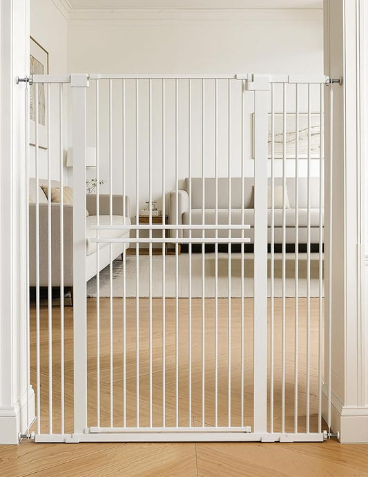 No Pawblems 55" Extra Tall Pet Gate for Cat/Dog, 31.5-48" Wide Auto Close Tall Cat Gate with 25.6" Wide Walk-Thru Door Opening, 1.37" Ultra Narrow Spacing, NO Drilling Pressure Mounted, White