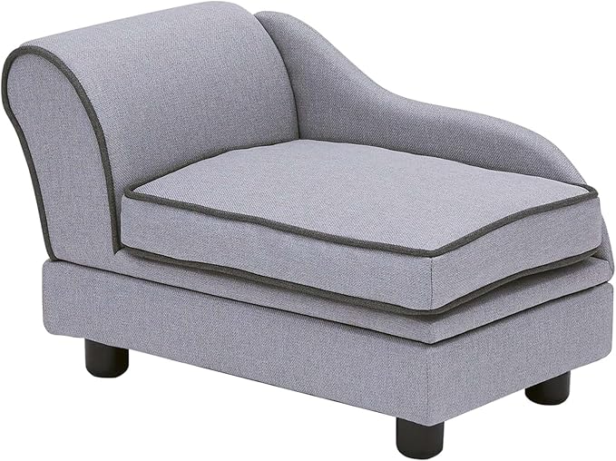 Teamson Pets Ivan 22 Inch Long Upholstered Chaise Lounge Sofa Dog Bed with Removable Cushion and Underneath Storage for Cats & Small Dogs, Light Gray
