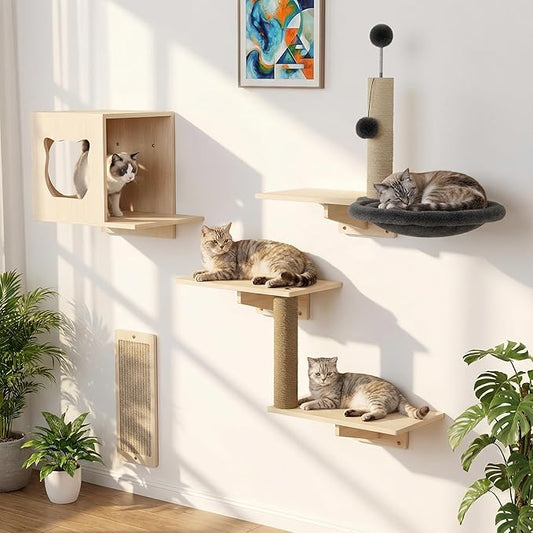 Cat Wall Shelves, Wooden Multi-Level Cat Climbing Furniture, House, Steps, Sisal Scratcher, Perches Bed & Ball, Space-Saving Wall Mounted Cats Shelves for Play & Rest