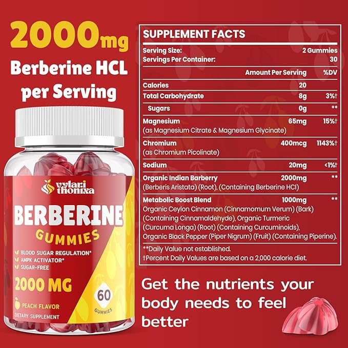 2000mg Berberine Supplement Gummies - High Potency Berberine with Ceylon Cinnamon Candy, Turmeric, Magnesium, Chromium - Sugar Free, Vegan, Non-GMO, Gluten-Free - Peach Flavor 60 Gummies - 1 Pack