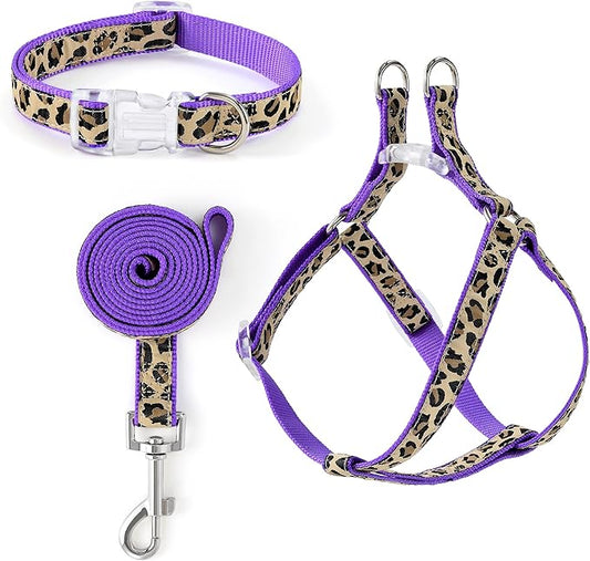 Mile High Life Leopard Dog Harness Collar Leash Set, Adjustable No Pull Dog Halter Harness for Small Breed Dogs, Easy Control for Training Walking (Purple, S Chest 11"-18", Neck 10"-14")