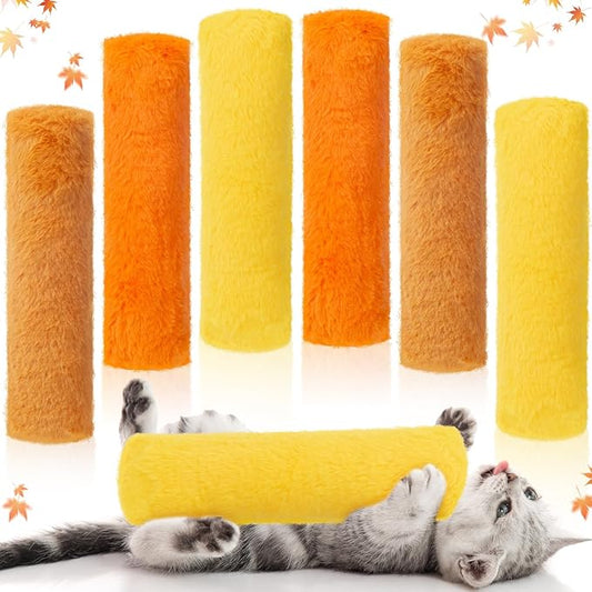 Civaner 6 Pcs Thanksgiving Cat Catnip Toys for Indoor Cat 10.6 Inch Long Fall Kitten Kicker Stick Catnip Toy with Crinkle Sound Soft Plush Kitten Pillow for Chew Exercise (Gold, Yellow, Orange)