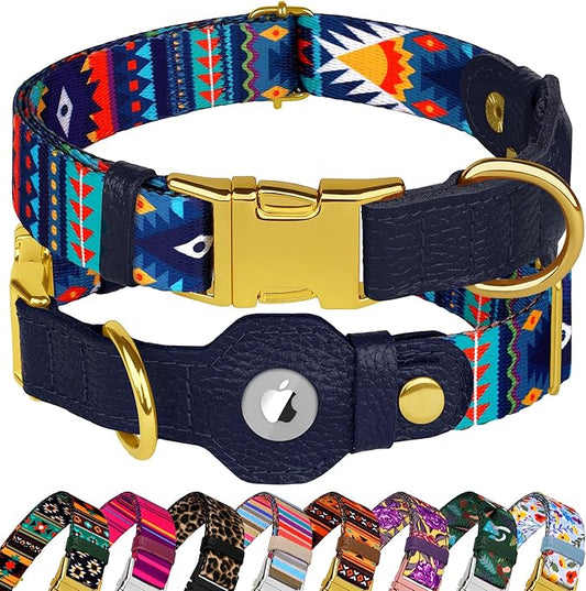 AirTag Dog Collar for Small Medium Large Breed - Adjustable Cute Pattern Dog Collar with Airtag Holder - Soft Leather Tracker GPS Apple Air Tag Pet Collars (Large, 17"-21" Neck Fit, Navajo)