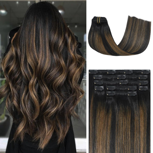 Honsoo Clip In Hair Extensions Real Human Hair, Real Human Hair Balayage Hair Extensions Natural Black To Chestnut Brown 22Inch