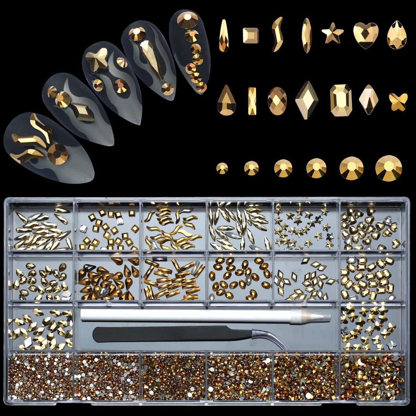 Nibiru 3830Pcs Gold Multi Shapes Rhinestones Glass Gemstones Kit For Nail Art Jewels Decoration,Sparkly Flatback Mix Size With W