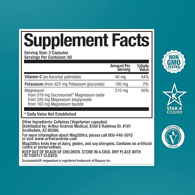 Arthur Andrew Medical, Mag3Ultra Triple Magnesium Supplement, Sucrosomial, Bisglycinate, Taurate for Muscle, Stress, Mood, Nerve, Bone & Heart Support, 180 Capsules