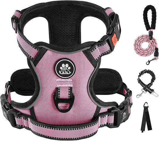 IVY&LANE No Pull Dog Harness for Small Dogs, Dog Vest Harness with Leash, Safety Belt and Storage Strap, Fully Adjustable, 360° Reflective Strip, Soft Handle (Pink, S)