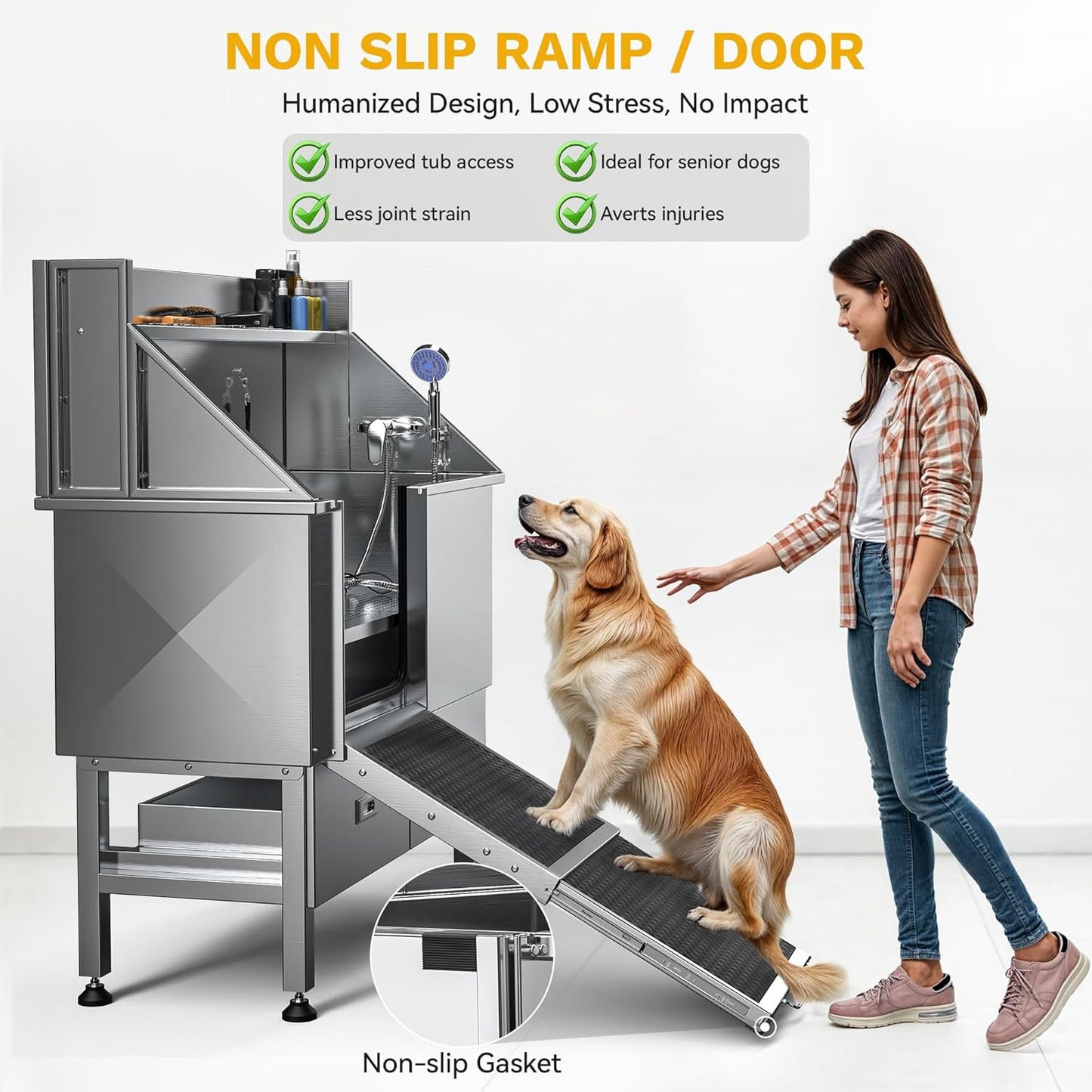 DWVO Professional Dog Bathing Station Stainless Steel 304 Pet Bathtub, 50in Dog Grooming Tub w/Right Door Ramp, 2 Storage Drawers, Grate, Pet Washing Station for Large, Medium, Small Pets