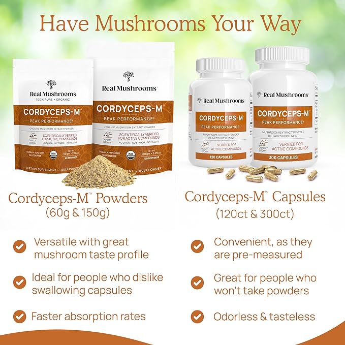 Real Mushrooms Cordyceps Capsules - Performance Mushroom Extract Supplement with Organic Militaris for Energy Immune Support Vegan Supplement, Non-GMO, 120 Caps