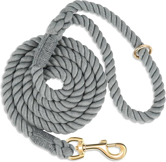Dog Leash 5 FT Handmade Braided Cotton Rope Leashes for Small Medium and Large Dogs, New Golden Heavy Duty Metal Clasp, Grey