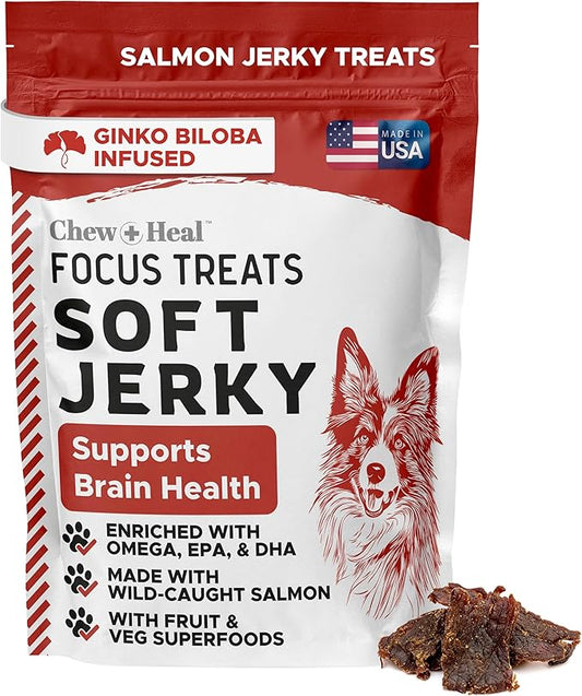 Chew + Heal Labs Dog Salmon Jerky Treats with Cognitive Support - 5 oz of Wild Caught Salmon Jerky Dog Treat - Made with Gingko Biloba, Blueberries, Cranberries, Pumpkin, and More - Made in The USA
