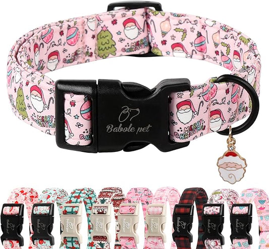 Christmas Dog Collar for Puppy Small Dogs - Cute Santa Print Pink Christmas Collars for Dogs, Soft Adjustable Winter Holiday Dog Collars with Quick Release Buckle XS