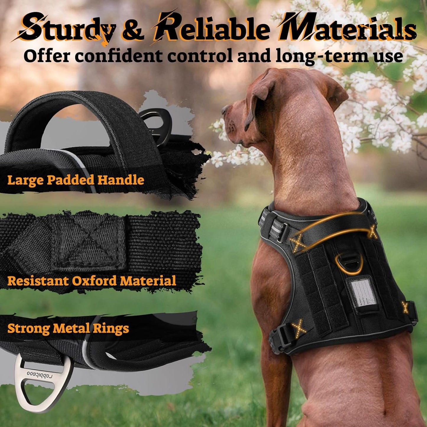 rabbitgoo Dog Harness Medium Sized No Pull, Tactical Service Pet Vest with Molle and Control Handle, Adjustable and Reflective Military Harness for Easy Walking and Training, Black, M
