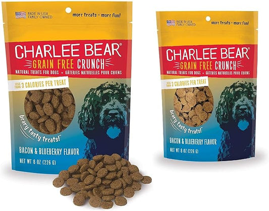 Charlee Bear Crunchy Dog Training Treats, Low Calorie (3 Kcal), Grain Free Natural Mini Dog Treats for Puppies, Small, Medium & Large Dogs, USA Made, Healthy Bacon-Blueberry Flavor 8oz (2-Pack)