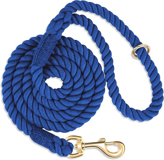 Dog Leash 5 FT Handmade Braided Cotton Rope Leashes for Small Medium and Large Dogs, New Golden Heavy Duty Metal Clasp, Navy Blue
