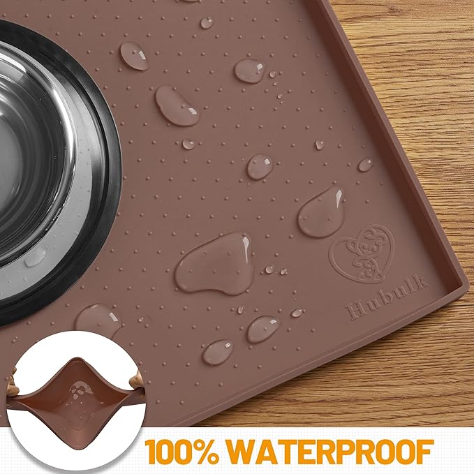 Hubulk Dog Feeding Mat,100% Waterproof Food Grade Silicone Pet Food and Water Bowl Placemat,Dishwasher, High Raised Edge to Prevent Spills,Nonslip Tray to Stop Messes on Floor（32"x24"x1.0", Brown）