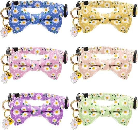 6 Pack Breakaway Cat Collars with Bow Tie and Bell Floral Kitten Cat Collars Adjustable Cat Bowtie Collar with Pendants for Girl Boy Kitten Cats