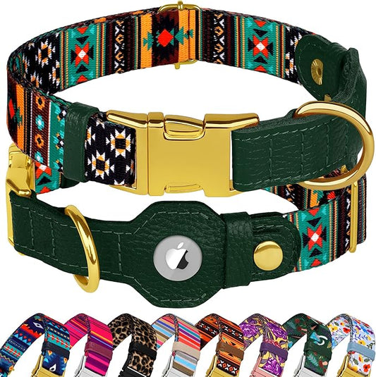 AirTag Dog Collar for Small Medium Large Breed - Adjustable Cute Pattern Dog Collar with Airtag Holder - Soft Leather Tracker GPS Apple Air Tag Pet Collars (X-Small, 9"-12" Neck Fit, Tribal)