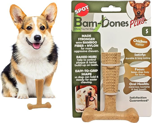 SPOT Bam-Bones Plus T-Bone, Bamboo Fiber & Nylon Dog Chew, Durable for Aggressive Chewers, Non-Splintering, for Adult Dogs & Teething Puppies Under 30lbs, 4in, Chicken Flavor