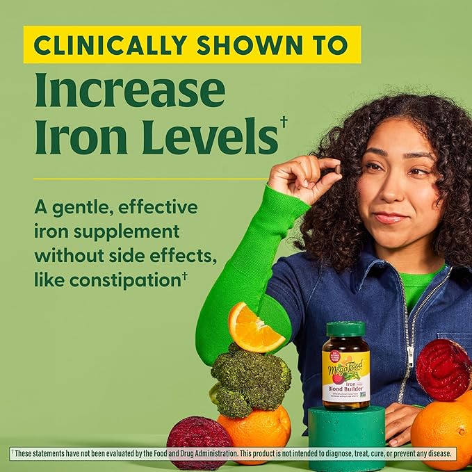 MegaFood Blood Builder Minis, Iron Supplement Clinically Shown to Increase Iron Levels Without Side Effects - Vegan Supplement with Vitamin C, Vitamin B12 & Folic Acid, 60 Tablets (30 Servings)