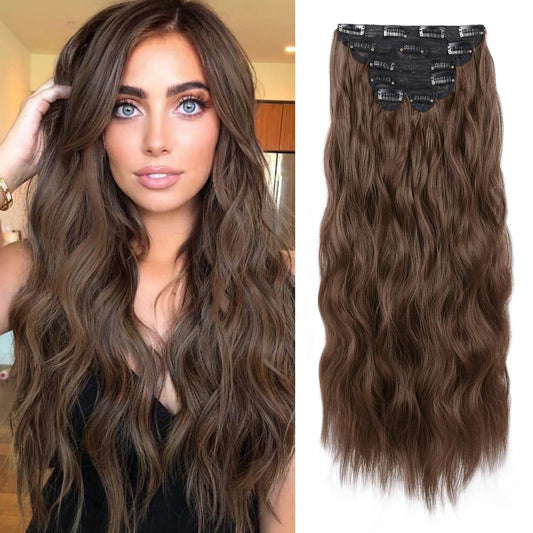 Wecan Clip In Hair Extension 24 Inch 6Pcs Dark Brown Long Wavy Hairpieces For Women Natural Thick Synthetic Fiber Double Weft Ha
