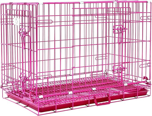 HOMEY PET 30 Inch Pink Dog Crate, Cute Dog Cage Medium Sized Collapsible Small Dog Kennel Indoor Nano-Coated Metal Wire Dog Crate with Removable Floor Grid Tray, Double Doors Dual Locks, Handle