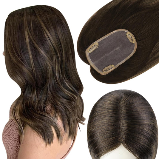 Full Shine 18 Inch Invisible Hair Topper Mono Base Human Topper 3 * 5Inch Human Hair Wiglet Highlight Balayage Color 2/8/2 Toppe