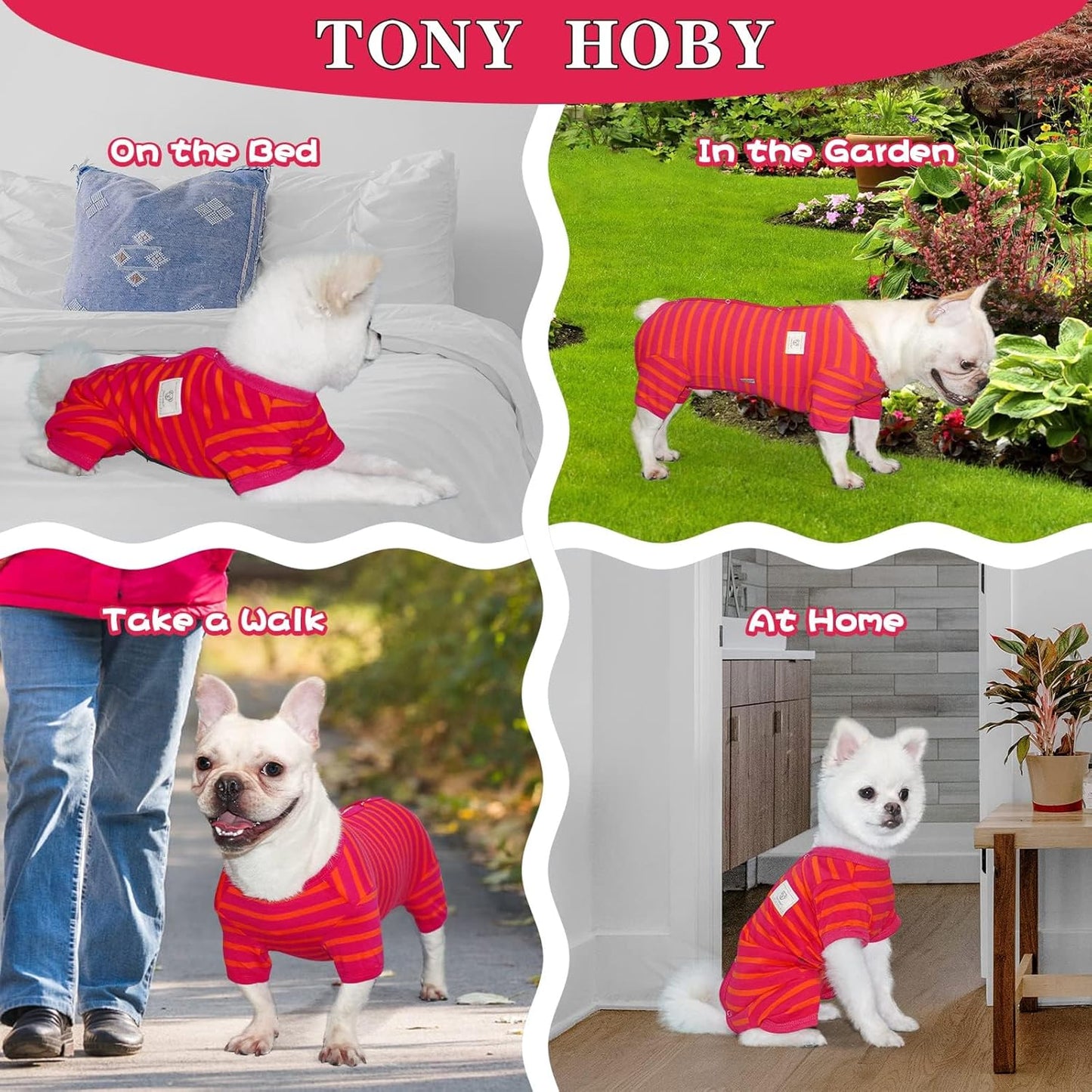 TONY HOBY Dog Pajamas, Female/Male Dog 4 Legged Pajamas, Soft Cotton Dogs Jumpsuit with Stripes (Rose Red&Orange, Girl, S)