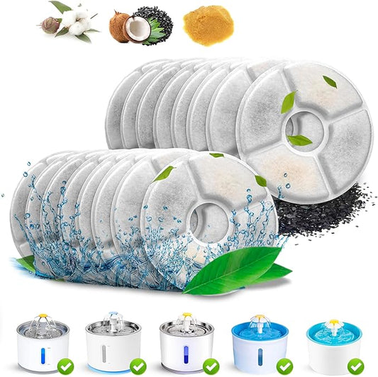 Cat Water Fountain Filters, Cat Fountain Filter Replacement Cartridges for 81 oz/2.4 L Automatic Pet Water Fountains,Cotton Activated Carbon and Foam Filter(Round 16 Pack)