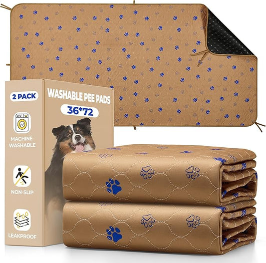 Fostanfly Washable Pee Pads for Dogs, 2 Pack 36''x72'' Ultra-Absorbent and Leak-Proof Non-Slip Reusable Potty Training Pads for Dogs, Puppy, Potty, Whelping of Add 8 Lanyards, Brown