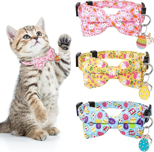 3 PCS Easter Cat Collars with Bow Tie and Bell, Spring Cat Collars Eggs Rabbit Pattern Breakaway Adjustable Cat Bow Tie Collars, Cute Bow Tie Suitable for Kittens Or Certain Puppies